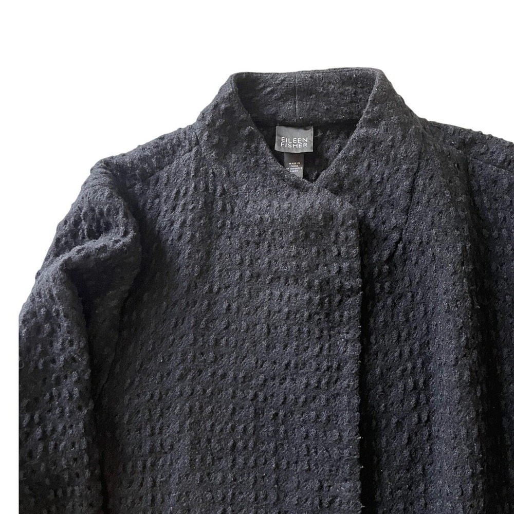 Eileen Fisher Womens L Black Wool Blend Textured Open Front Long Coat Jacket